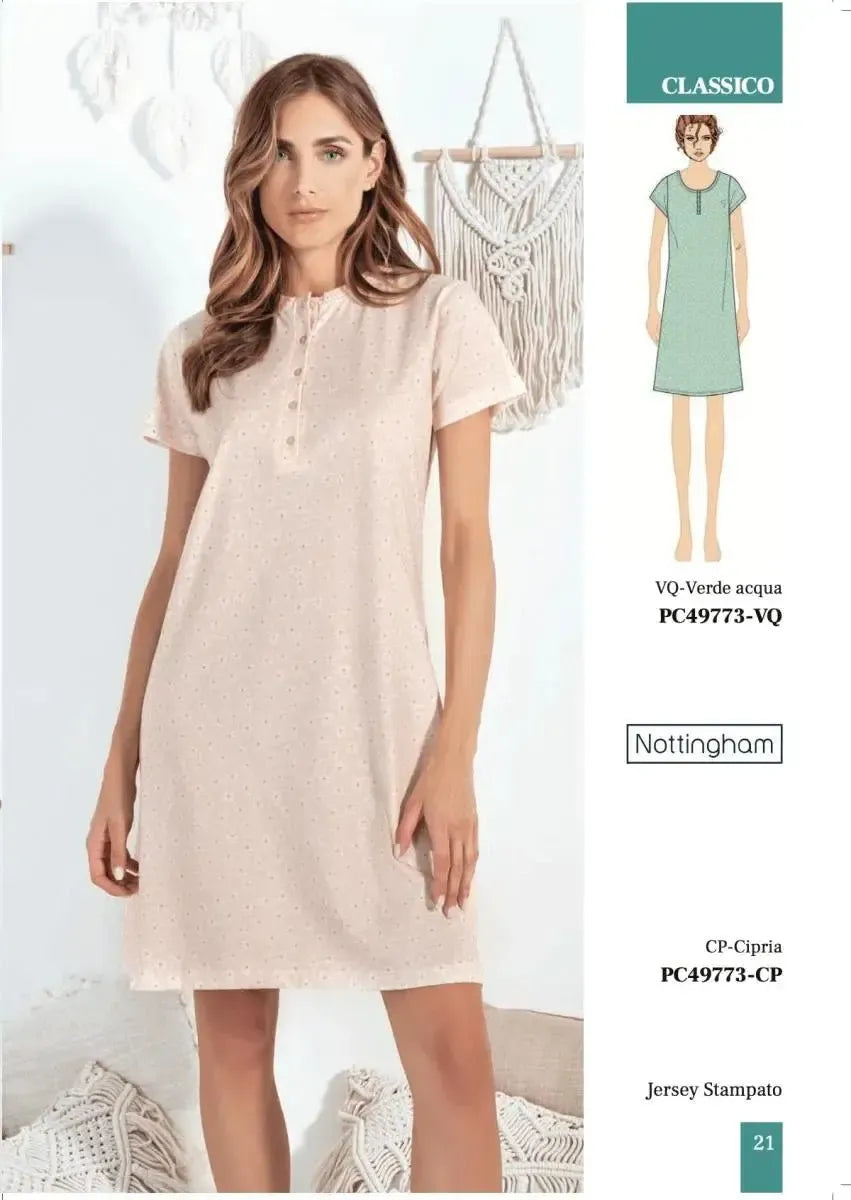 Camicia da notte donna Nottingham mezza manica serafino cotone PC49773