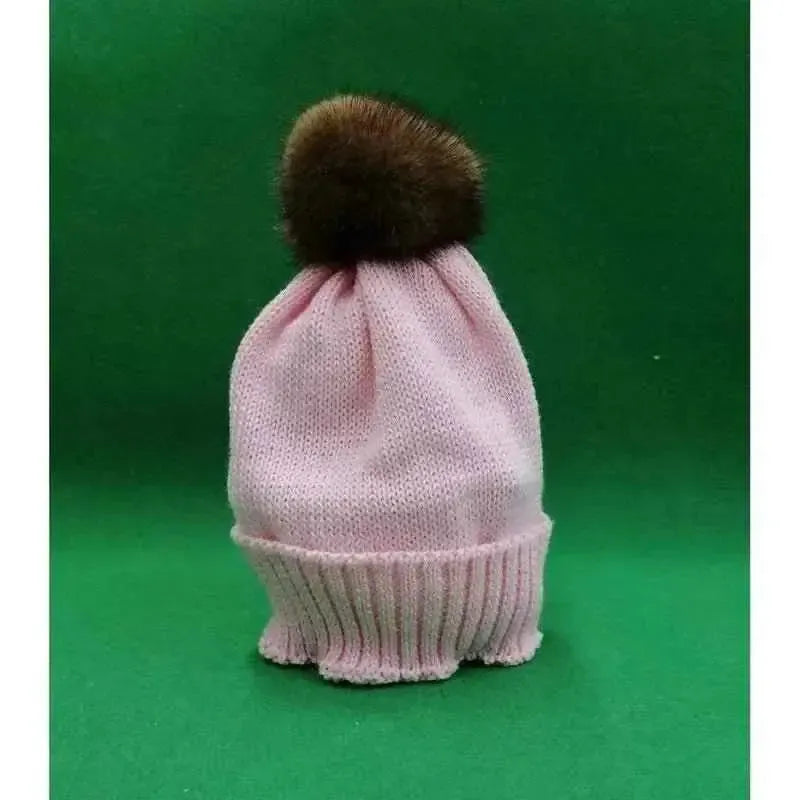 Cappellino artigianale bambino neonato in lana con ponpon in pelliccia 1657A