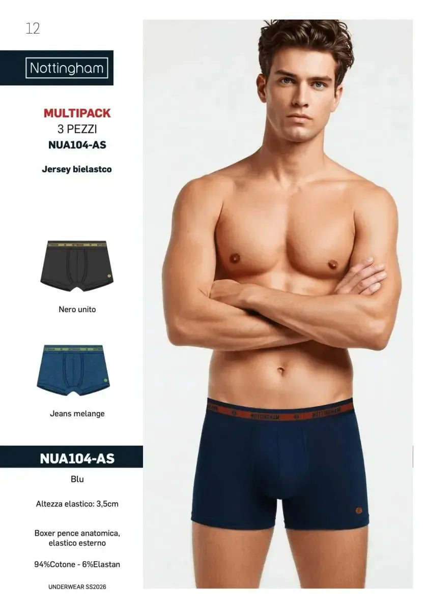 Confezione da 3 Boxer uomo Nottingham cotone bielastico rasato tinta unita NUA104