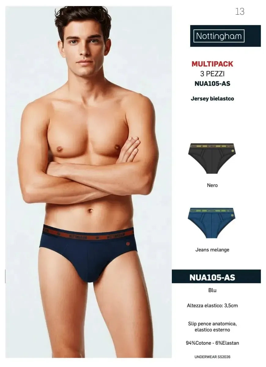 Confezione da 3 slip uomo Nottingham cotone bielastico rasato tinta unita NUA105