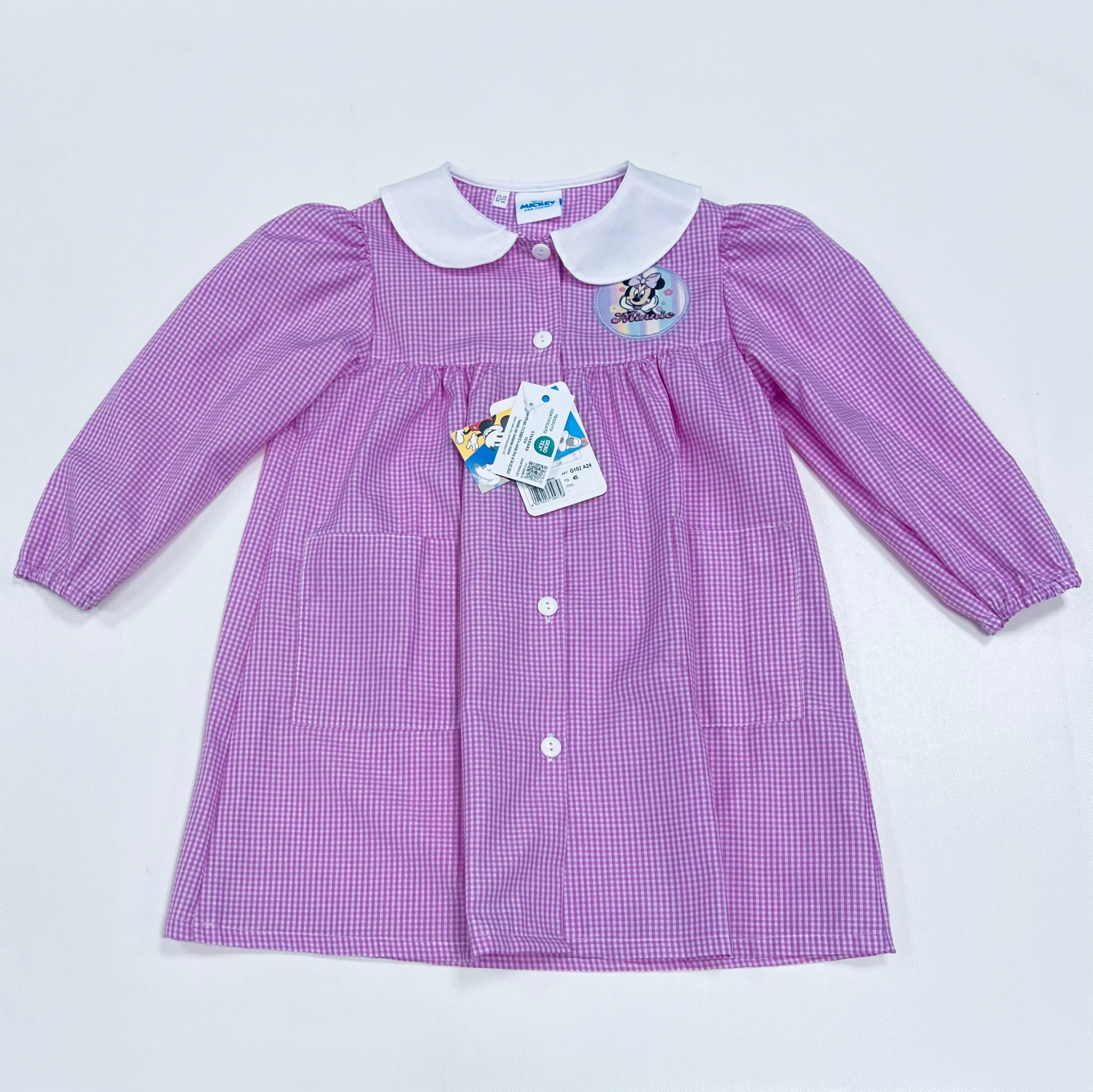Grembiule asilo quadretti rosa bambina made in Italy con abbottonatura centrale Disney ricamo Minnie G102