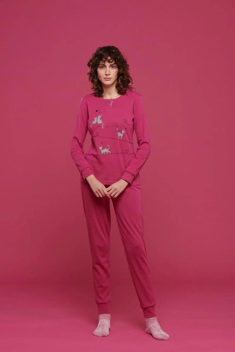 Pigiama serafino donna in caldo cotone Noidinotte Love Cat FA8336