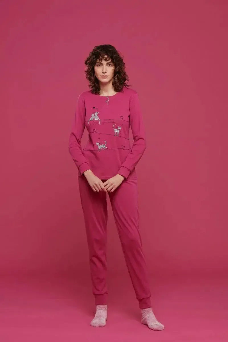 Pigiama serafino donna in caldo cotone Noidinotte Love Cat FA8336