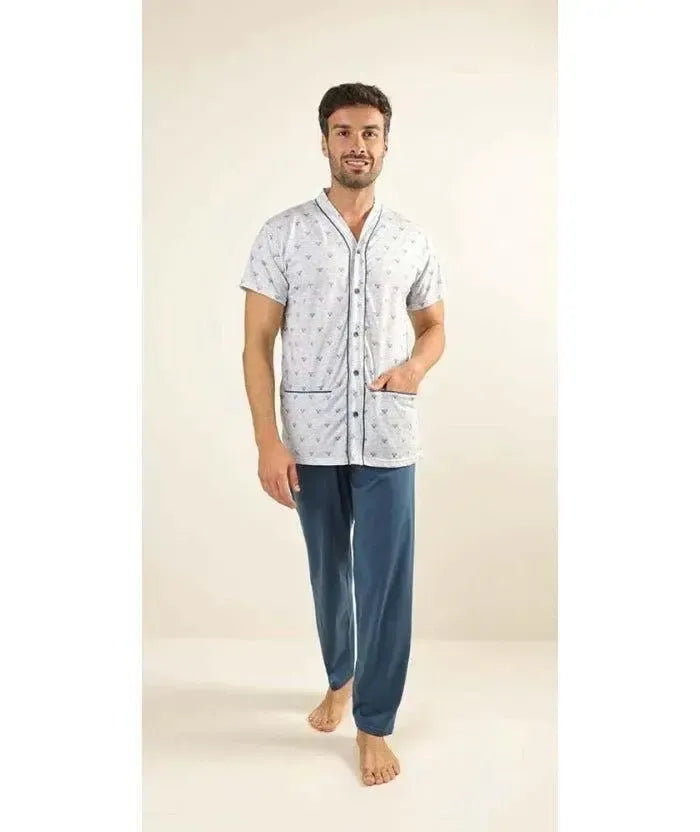 Pigiama uomo mezza manica pantalone lungo Jersey aperto Gary puro cotone Z60042