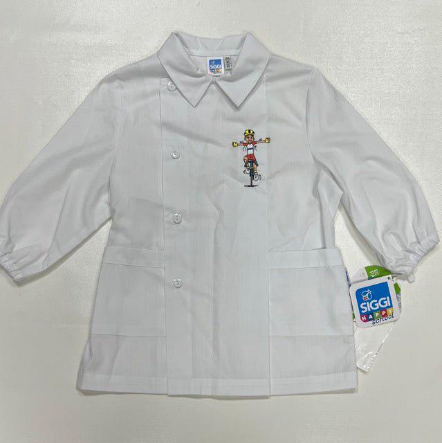Grembiule asilo bianco bambino con abbottonatura laterale Siggi ricamo Bici 3889