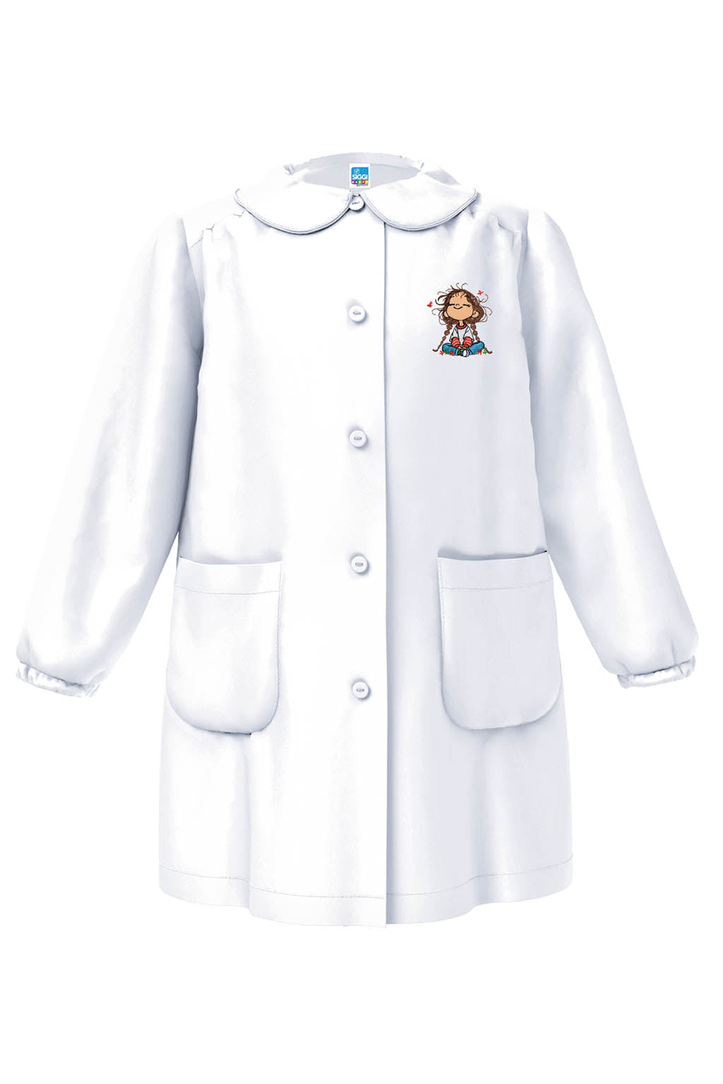 Grembiule asilo bambina Bianco con abbottonatura centrale Siggi ricamo Bambina con treccine 4333