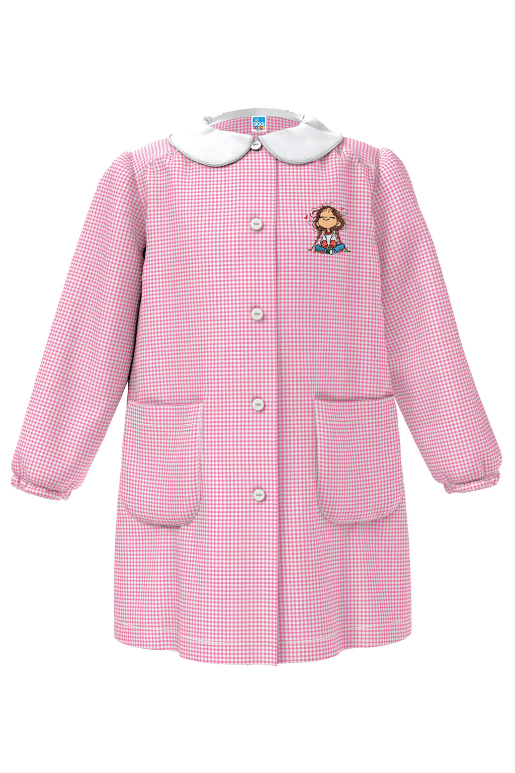 Grembiule asilo bambina con abbottonatura centrale Siggi ricamo Bambina con treccine quadretti rosa 4333