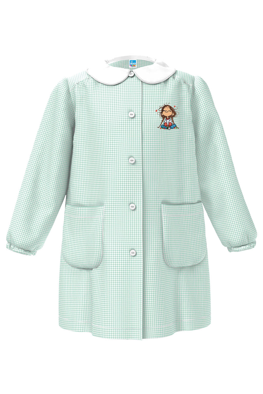 Grembiule asilo bambina con abbottonatura centrale Siggi ricamo Bambina con treccine quadretti verdi 4333
