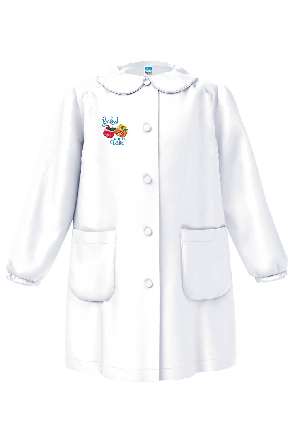 Grembiule asilo bambina Bianco con abbottonatura centrale Siggi ricamo Baked With Love 4334