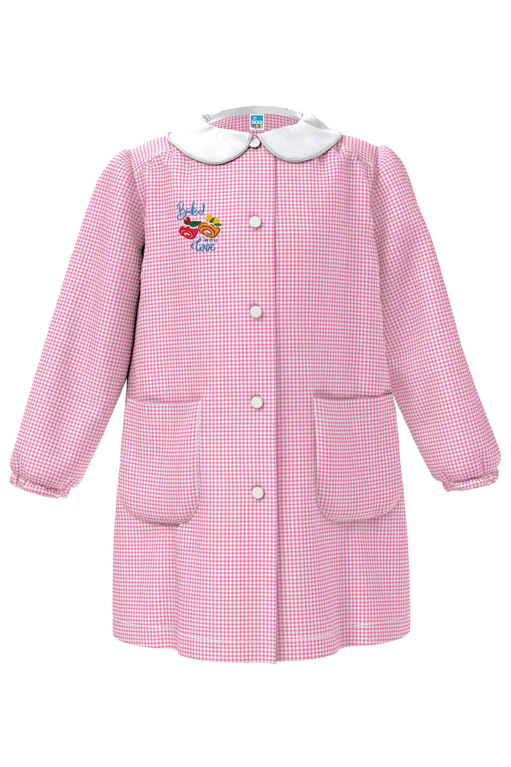 Grembiule asilo bambina con abbottonatura centrale Siggi ricamo Baked With Love quadretti rosa 4334