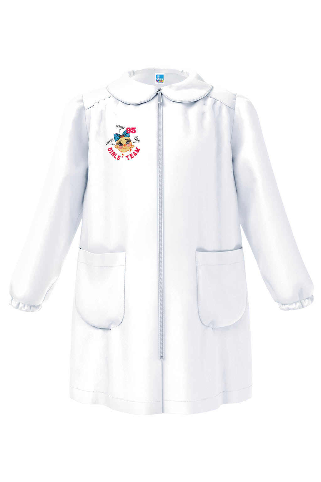 Grembiule asilo bambina Bianco con zip centrale Siggi ricamo Girls Team 4336