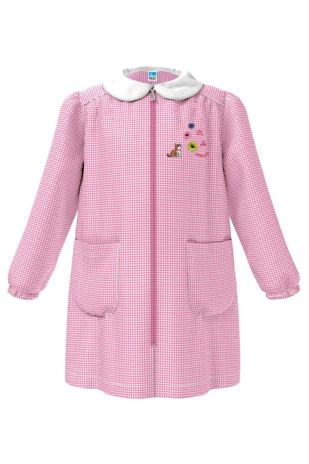 Grembiule asilo bambina Quadretti Rosa con zip centrale Siggi ricamo Gattino 4338