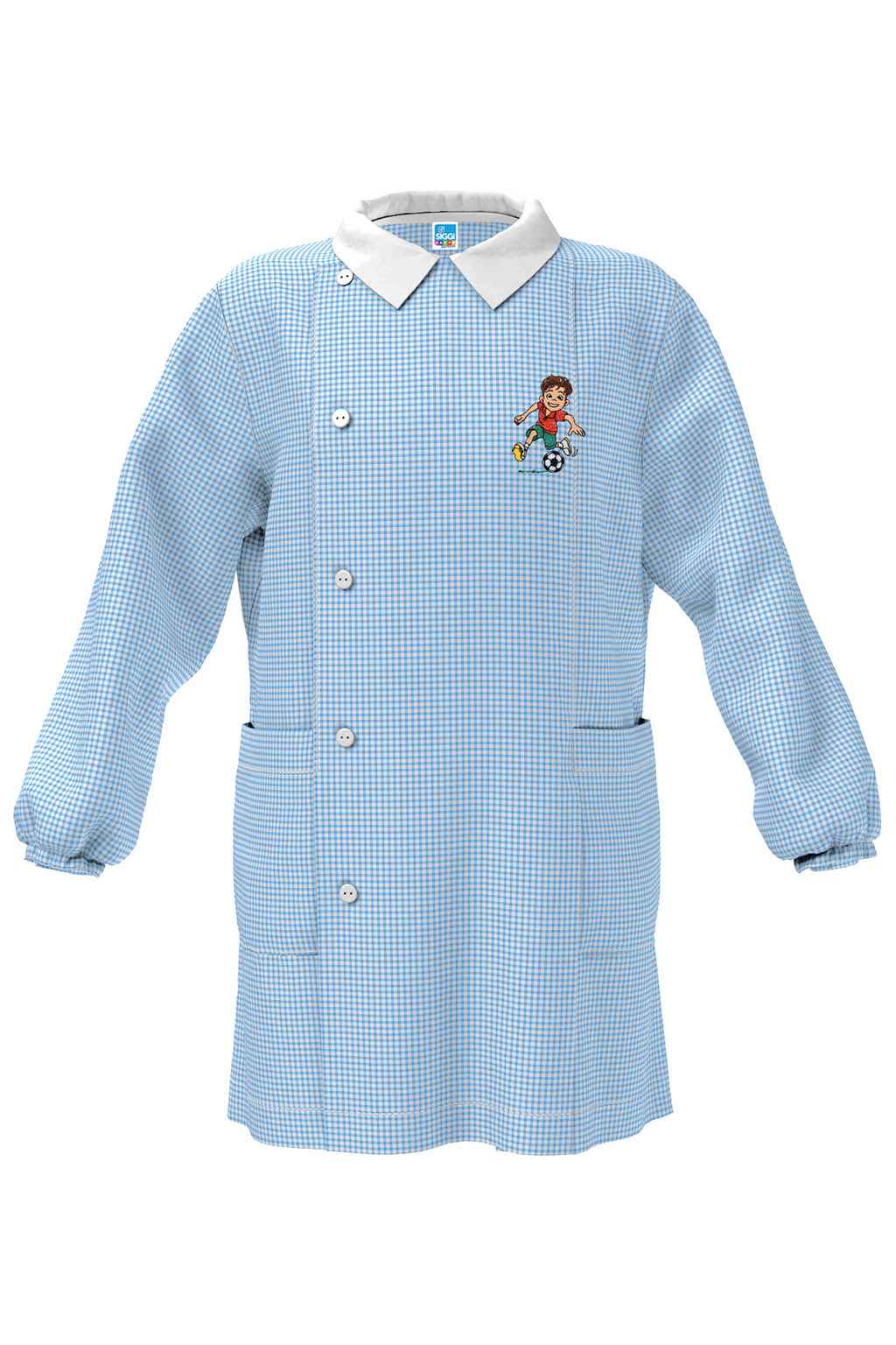 Grembiule Quadretti Azzurri asilo bambino con abbottonatura laterale Siggi ricamo Calcio 4344