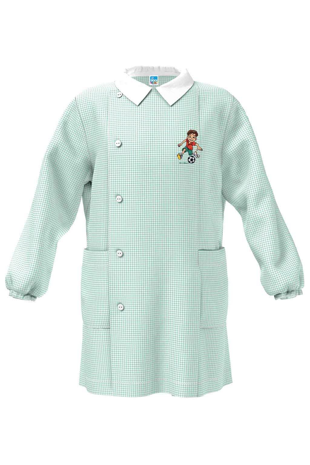 Grembiule quadretto verde asilo bambino con abbottonatura laterale Siggi ricamo Calcio 4344