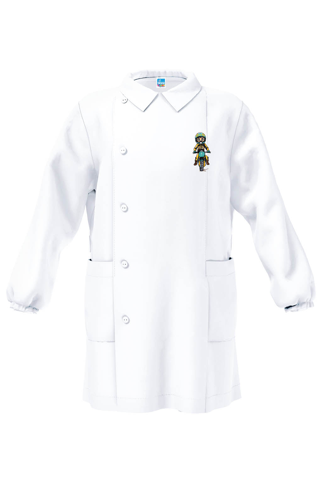 Grembiule bianco asilo bambino con abbottonatura laterale Siggi ricamo Moto 4346