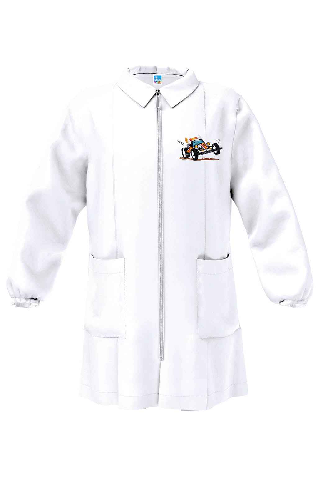 Grembiule bianco asilo bambino con zip Siggi ricamo Racer 4357
