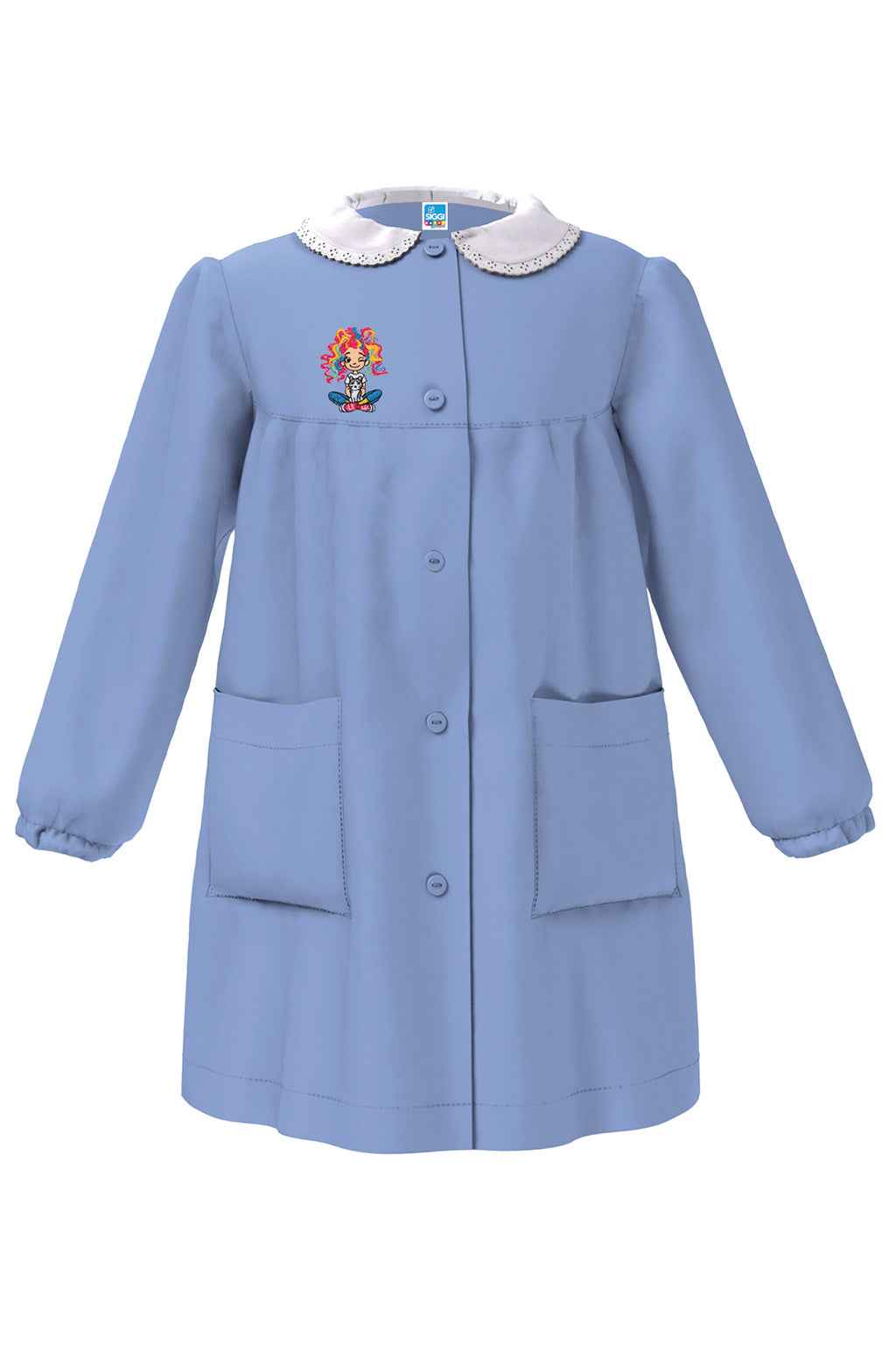 Grembiule scuola elementare celeste bambina Siggi Made in Italy ricamo Capelli Arcobaleno 4366