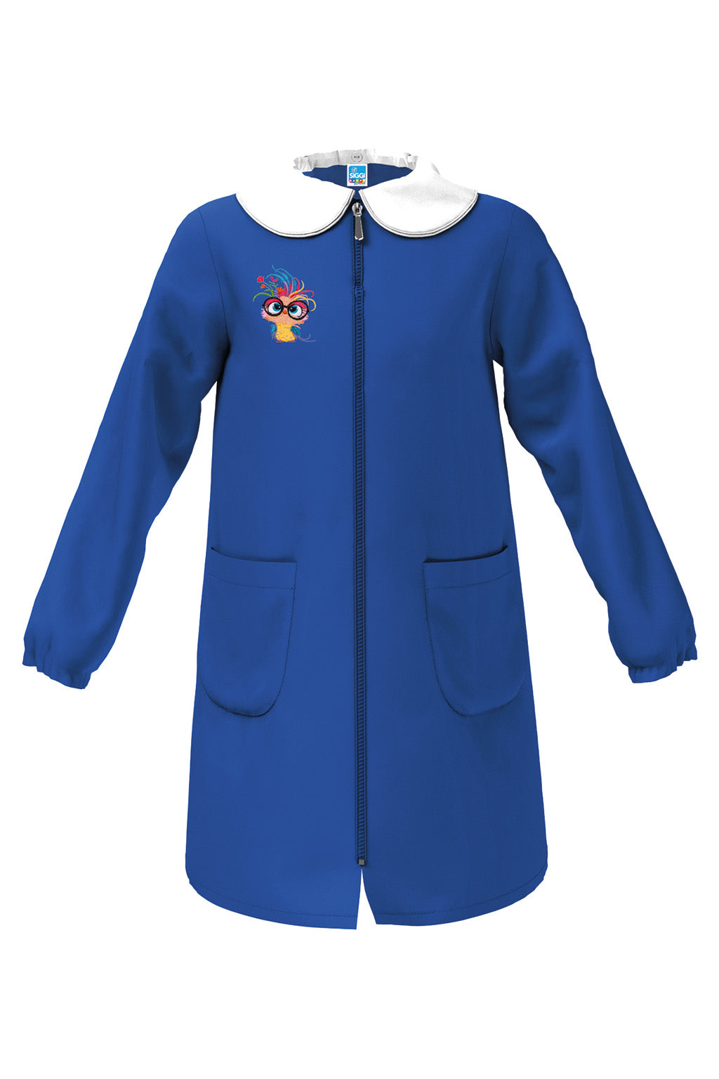 Grembiule scuola elementare blu bambina con zip Siggi Made in Italy ricamo Uccellino Arcobaleno 4373