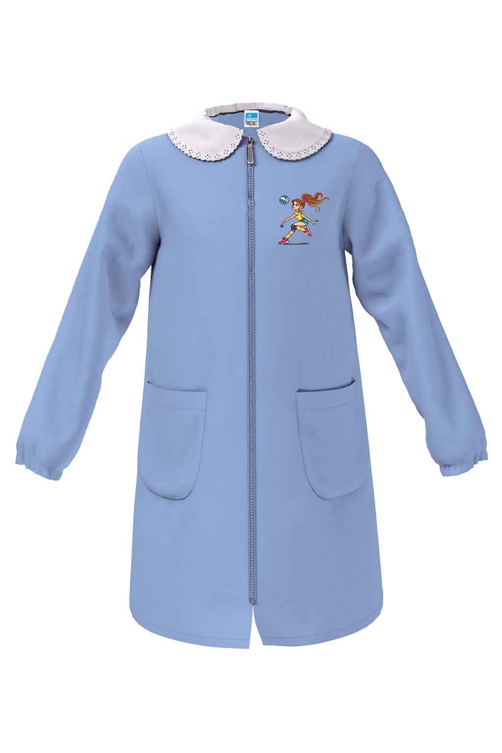 Grembiule scuola elementare celeste bambina con zip Siggi Made in Italy ricamo Pallavolo 4374