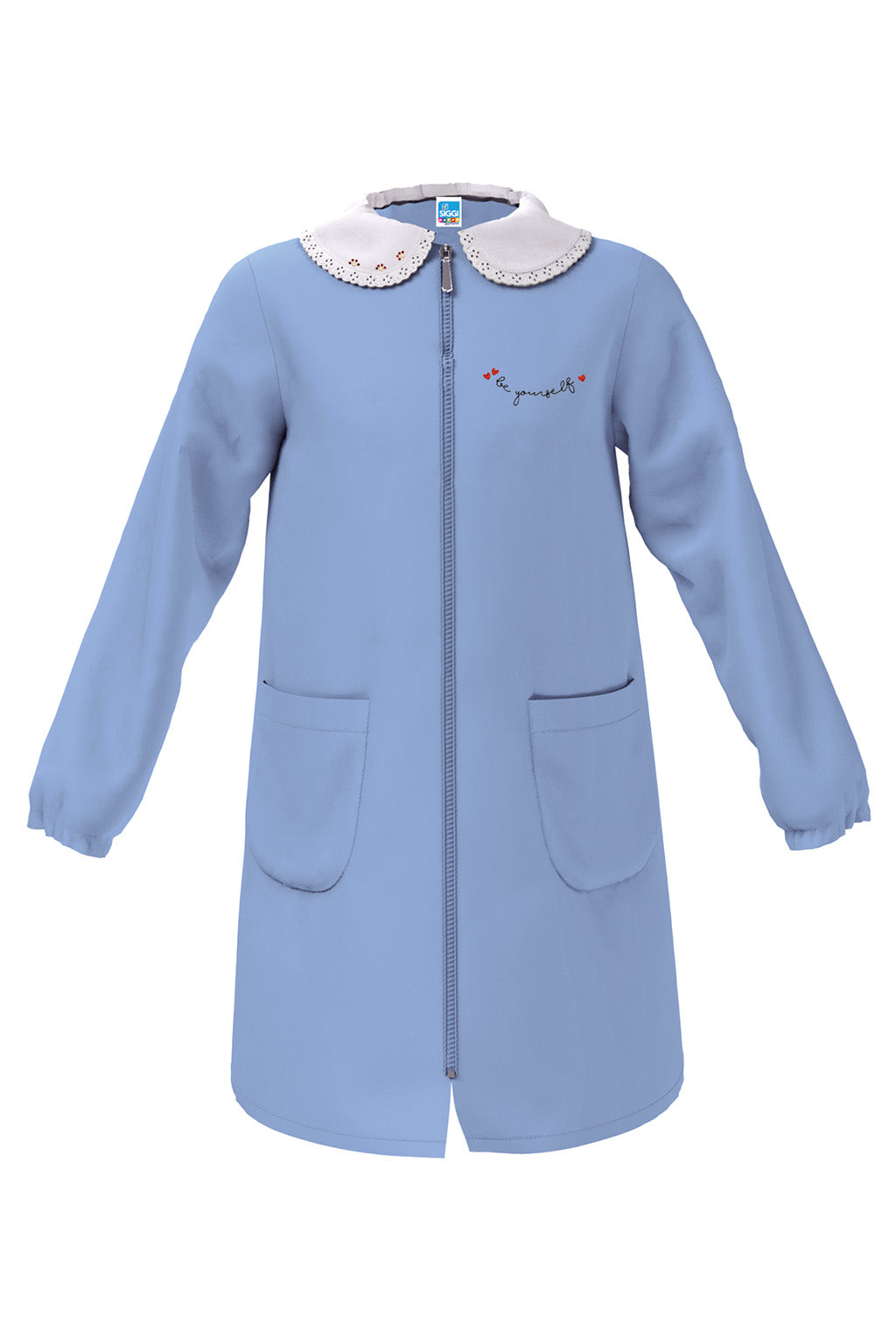 Grembiule scuola elementare celeste bambina con zip Siggi Made in Italy ricamo Be Yourself 4376