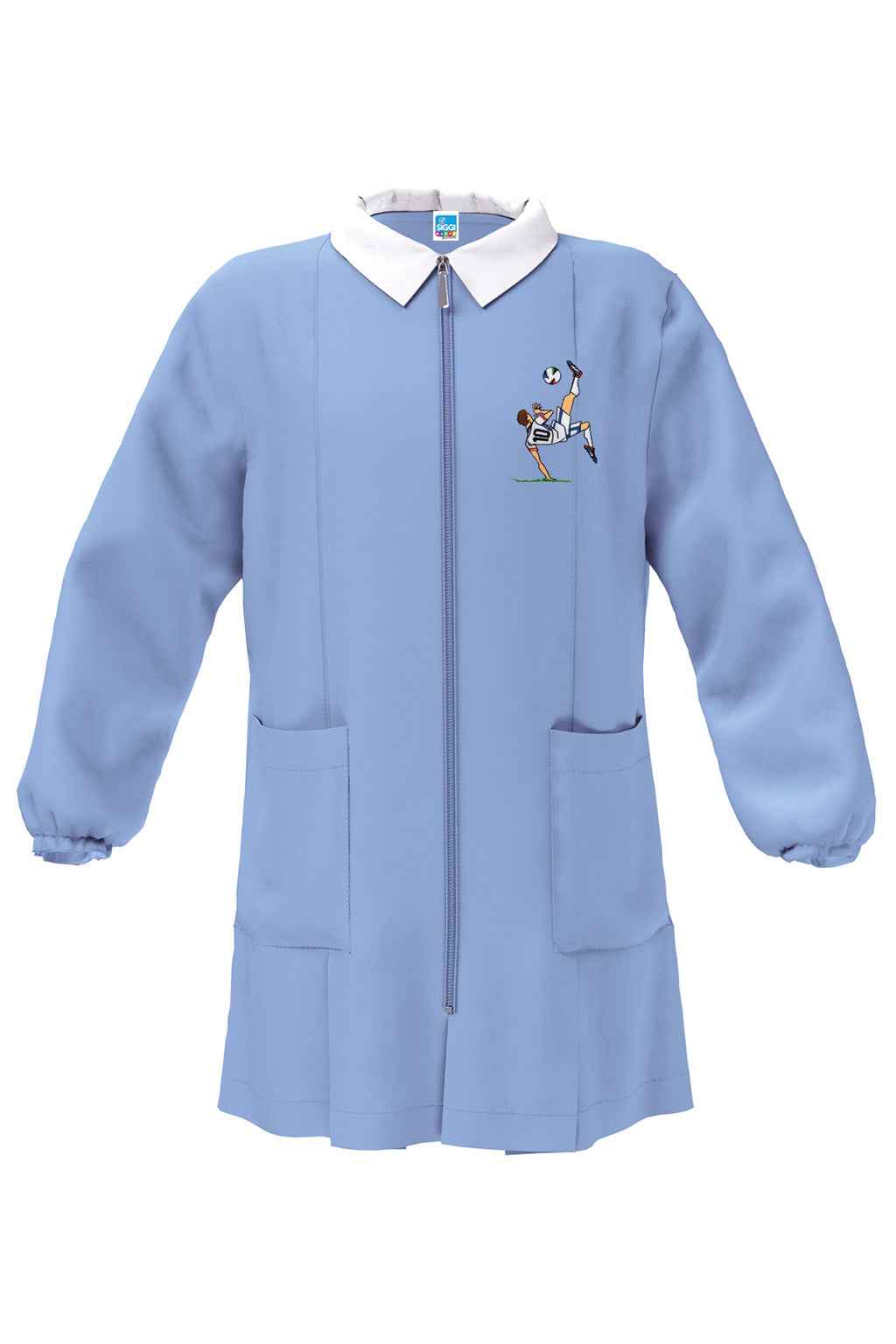 Grembiule scuola elementare celeste con zip bambino Siggi Made in Italy ricamo Calcio 4398