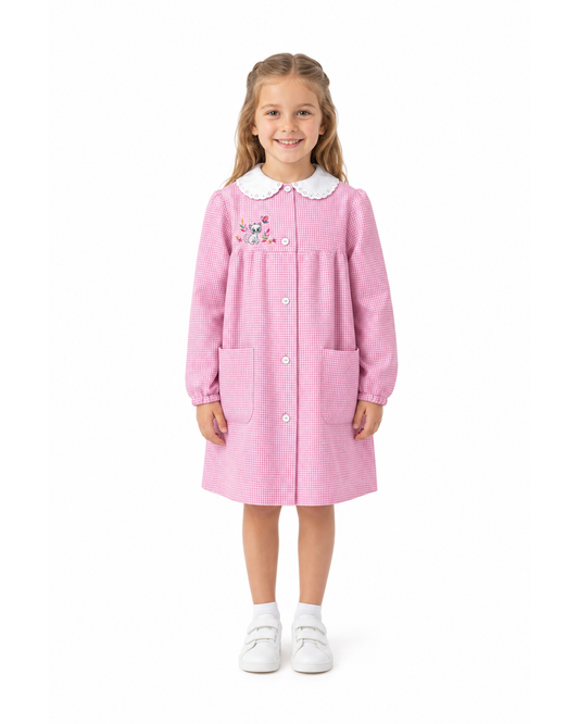 Grembiule asilo bambina con abbottonatura centrale centrale Siggi ricamo Gattino a quadretti rosa 4025