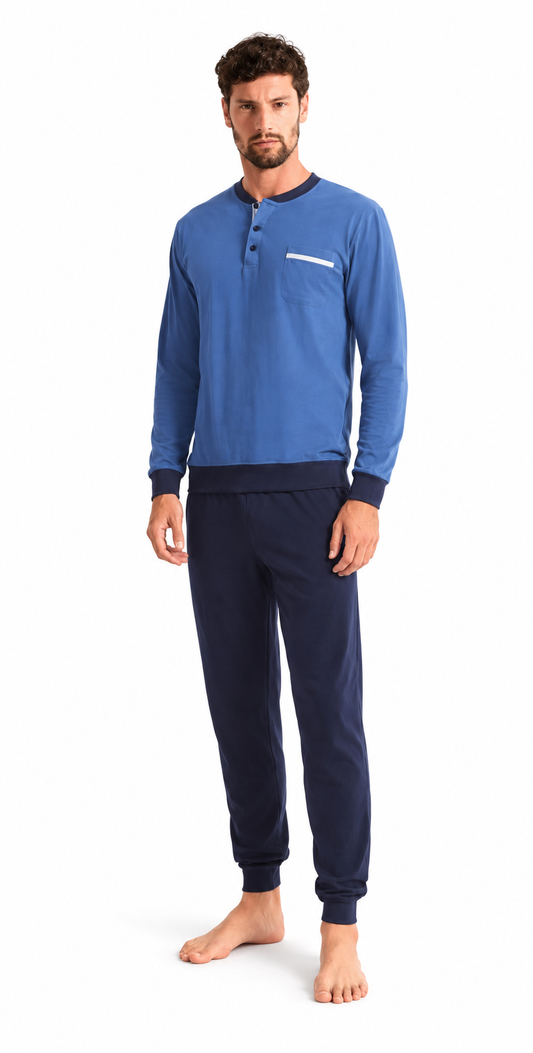 Pigiama lungo uomo calibrato Nottingham puro cotone PG50178X - AVION