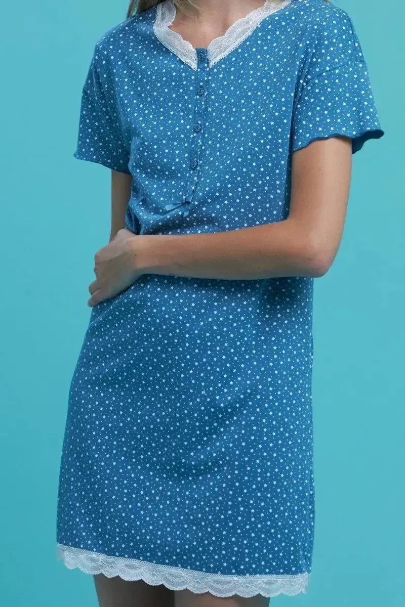 Camicia da notte serafino donna mezza manica cotone Noidinotte Delia Corason Stars LA2517AB