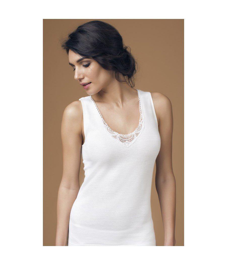 Canotta spalla larga donna Nottingham in lana e cotone con pizzo VL16W
