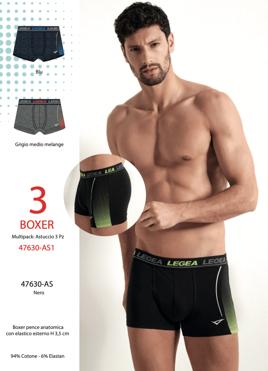 Confezione da 3 Boxer uomo Legea cotone bielastico rasato tinta unita 47630