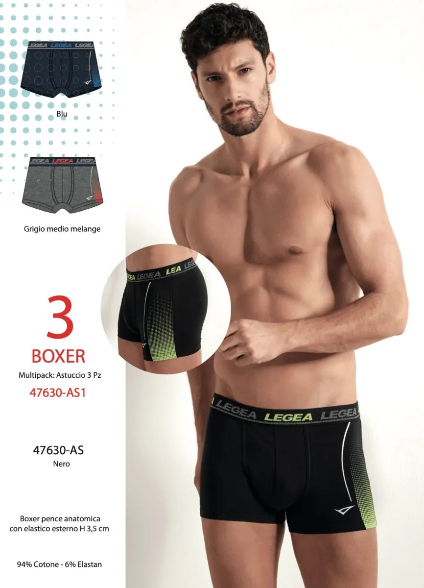 Confezione da 3 Boxer uomo Legea cotone bielastico rasato tinta unita 47630