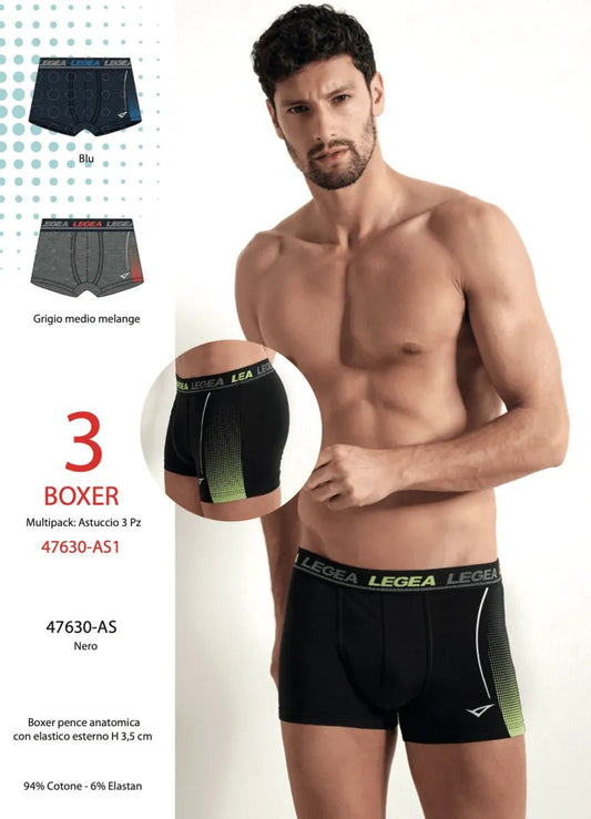 Confezione da 3 Boxer uomo Legea cotone bielastico rasato tinta unita 47630