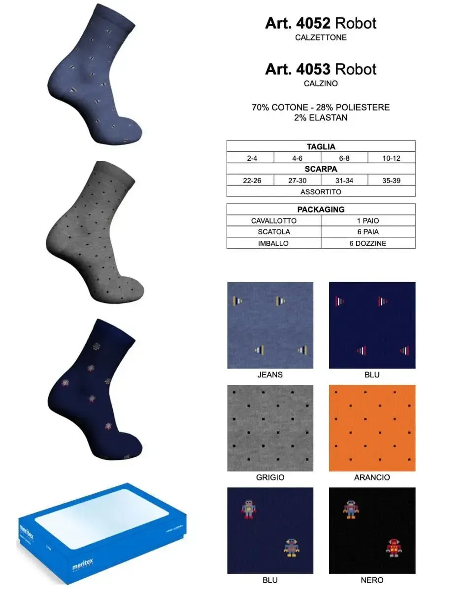 Confezione da 6 paia di calze bambino corte Meritex caldo cotone 4053 Robot
