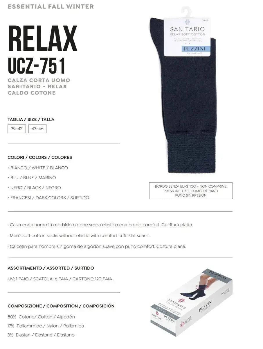Confezione da 6 paia di calze corte da uomo sanitarie Pezzini in caldo cotone UCZ-751 RELAX