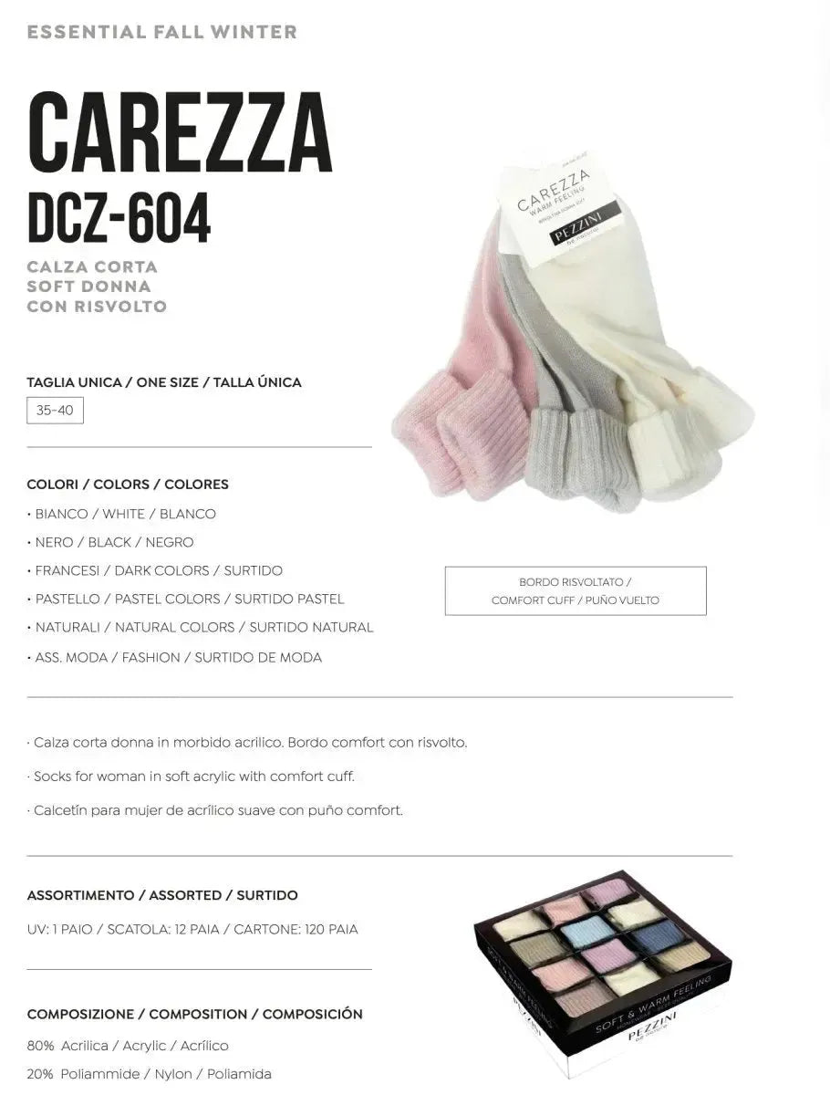 Confezione da 6 paia di calze corte in morbido acrilico super soft con risvolto Pezzini Dcz-604 Carezza