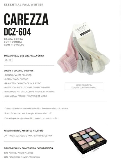 Confezione da 6 paia di calze corte in morbido acrilico super soft con risvolto Pezzini Dcz-604 Carezza