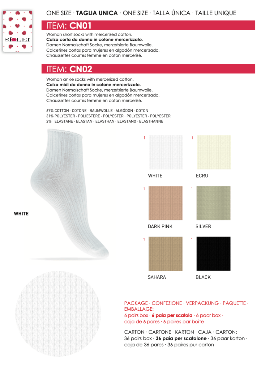 Confezione da 6 paia di calzino donna a coste in cotone Sièlei CN01