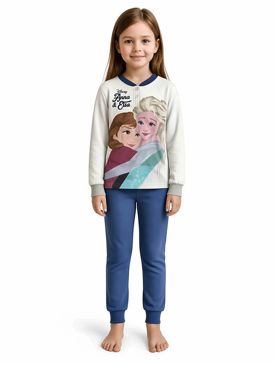 Pigiama caldo cotone Frozen Disney interlock bambina baby DY50A1450, colore PANNA/BLU: bambina che indossa il pigiama, foto a figura intera su sfondo bianco