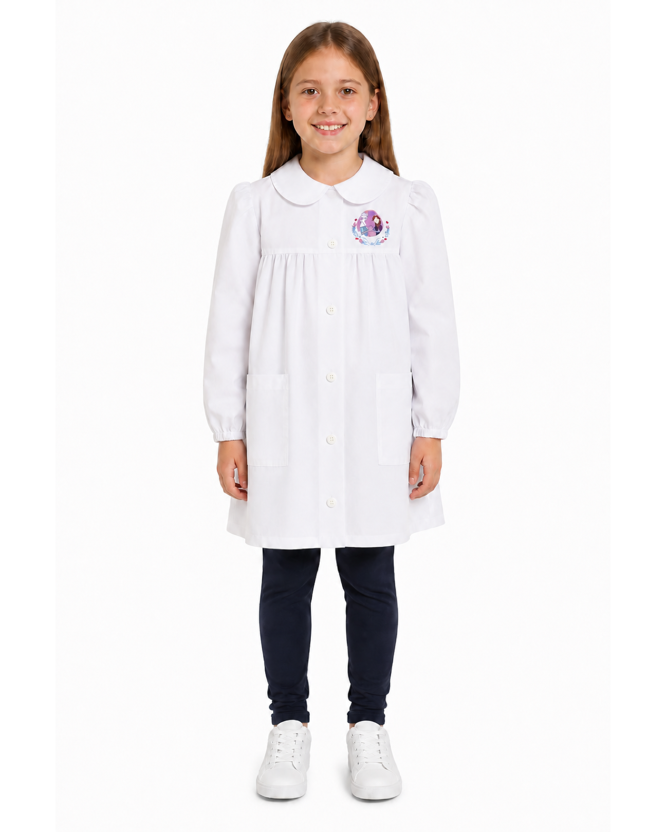 Grembiule asilo bianco bambina made in Italy con abbottonatura centrale Disney ricamo Frozen G100A26