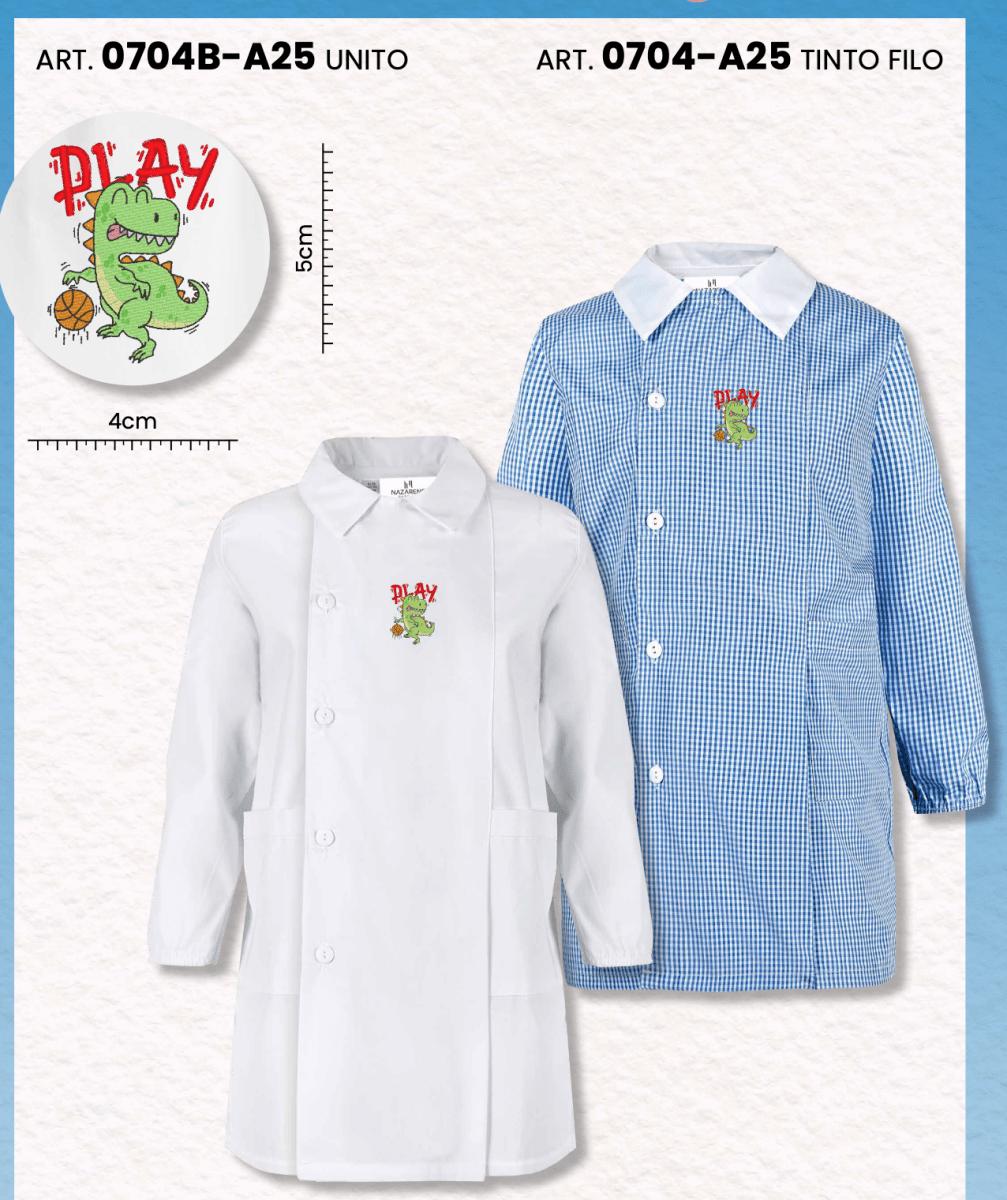 Grembiule Bianco asilo bambino con abbottonatura laterale Nazareno Gabrielli ricamo Dinosauro 0704