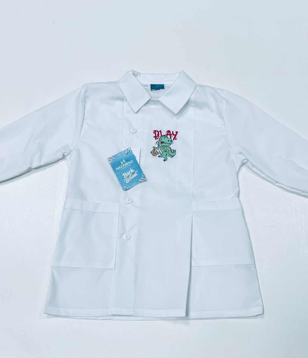 Grembiule Bianco asilo bambino con abbottonatura laterale Nazareno Gabrielli ricamo Dinosauro 0704