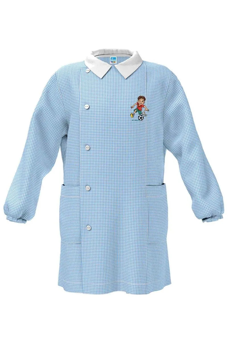 Grembiule Quadretti Azzurri asilo bambino con abbottonatura laterale Siggi ricamo Calcio 4344