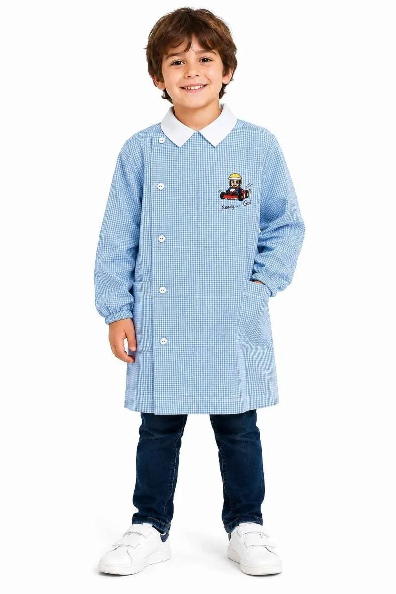 Grembiule Quadretti Azzurri asilo bambino con abbottonatura laterale Siggi ricamo Ready Go 4354