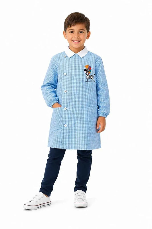 Grembiule Quadretti Azzurri asilo bambino con abbottonatura laterale Siggi ricamo Zebra 4361