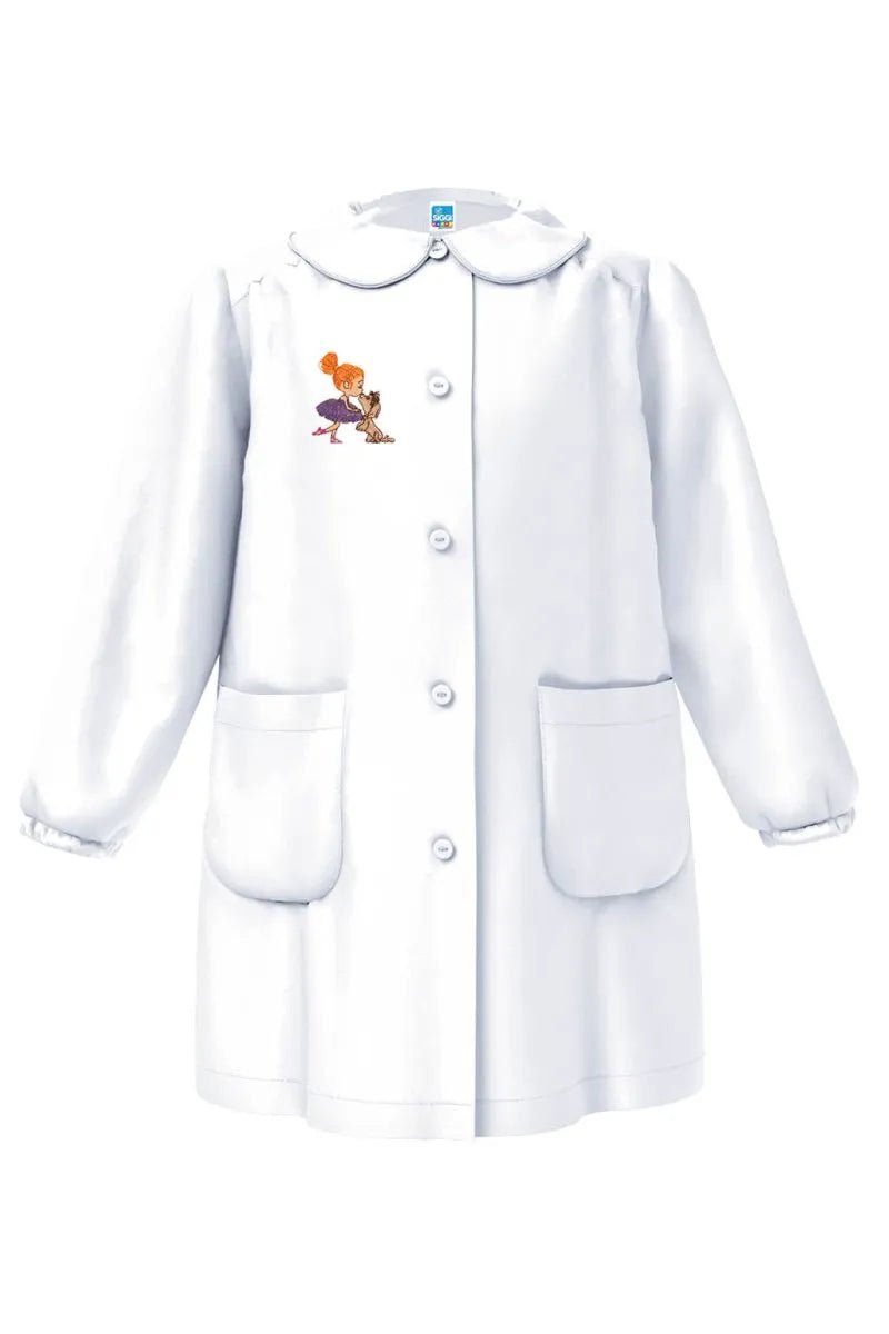 Grembiule asilo bambina Bianco con abbottonatura centrale Siggi ricamo Ballerina con bassotto 4331