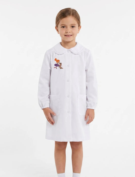 Grembiule asilo bambina Bianco con abbottonatura centrale Siggi ricamo Ballerina con bassotto 4331