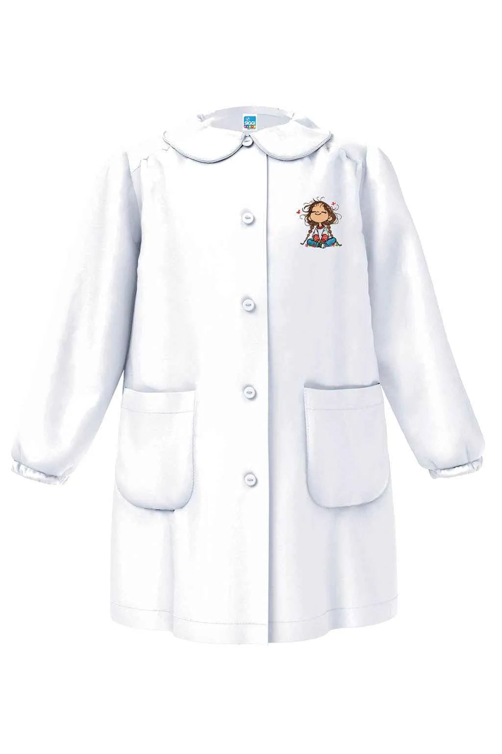 Grembiule asilo bambina Bianco con abbottonatura centrale Siggi ricamo Bambina con treccine 4333