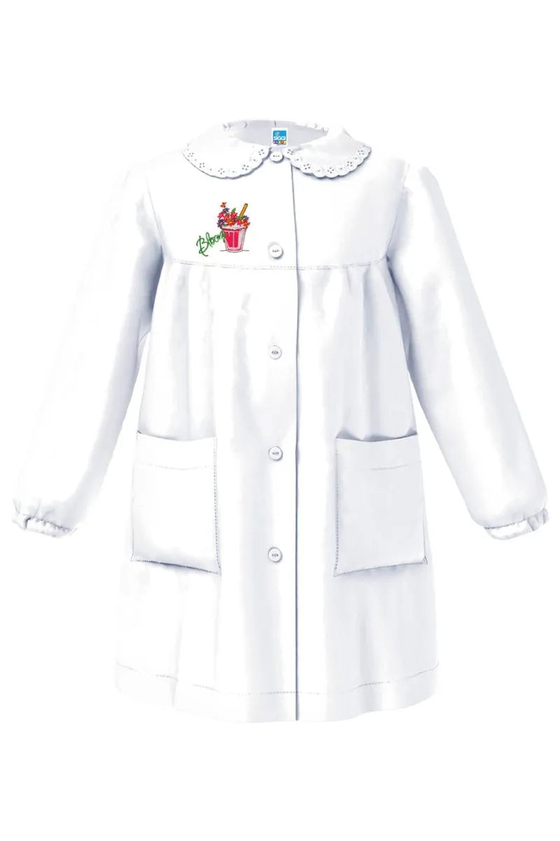 Grembiule asilo bambina Bianco con abbottonatura centrale Siggi ricamo Bloom 4335