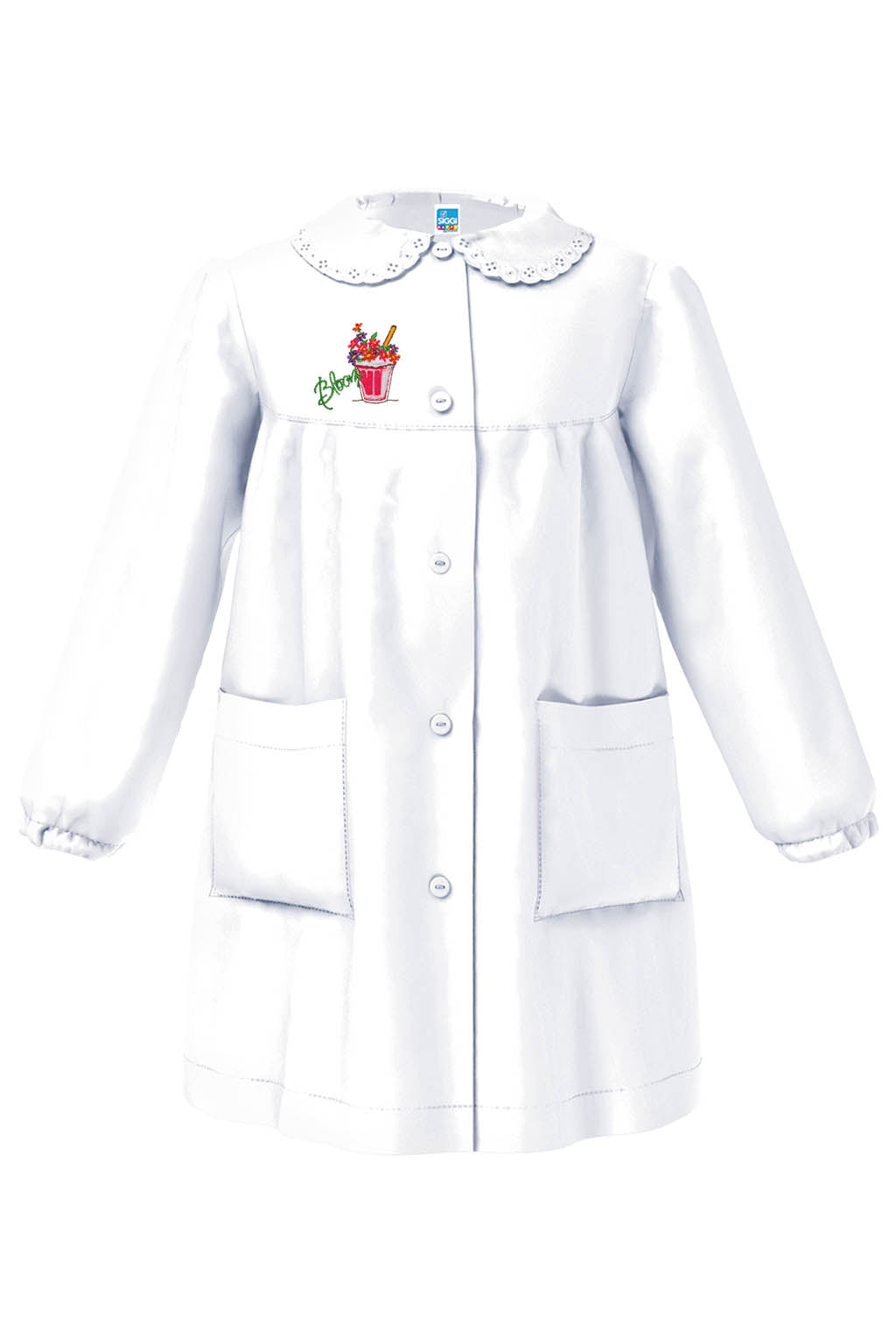 Grembiule asilo bambina Bianco con abbottonatura centrale Siggi ricamo Bloom 4335