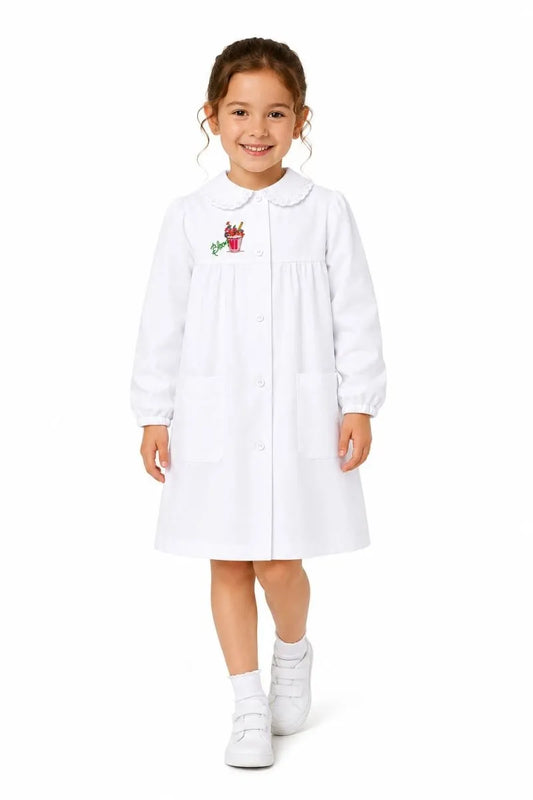 Grembiule asilo bambina Bianco con abbottonatura centrale Siggi ricamo Bloom 4335